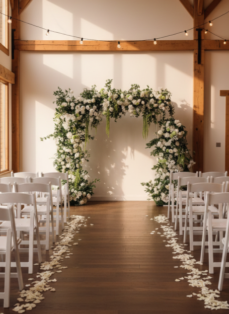 Floral wedding arch with white chairs and scattered petals in a bright venue.