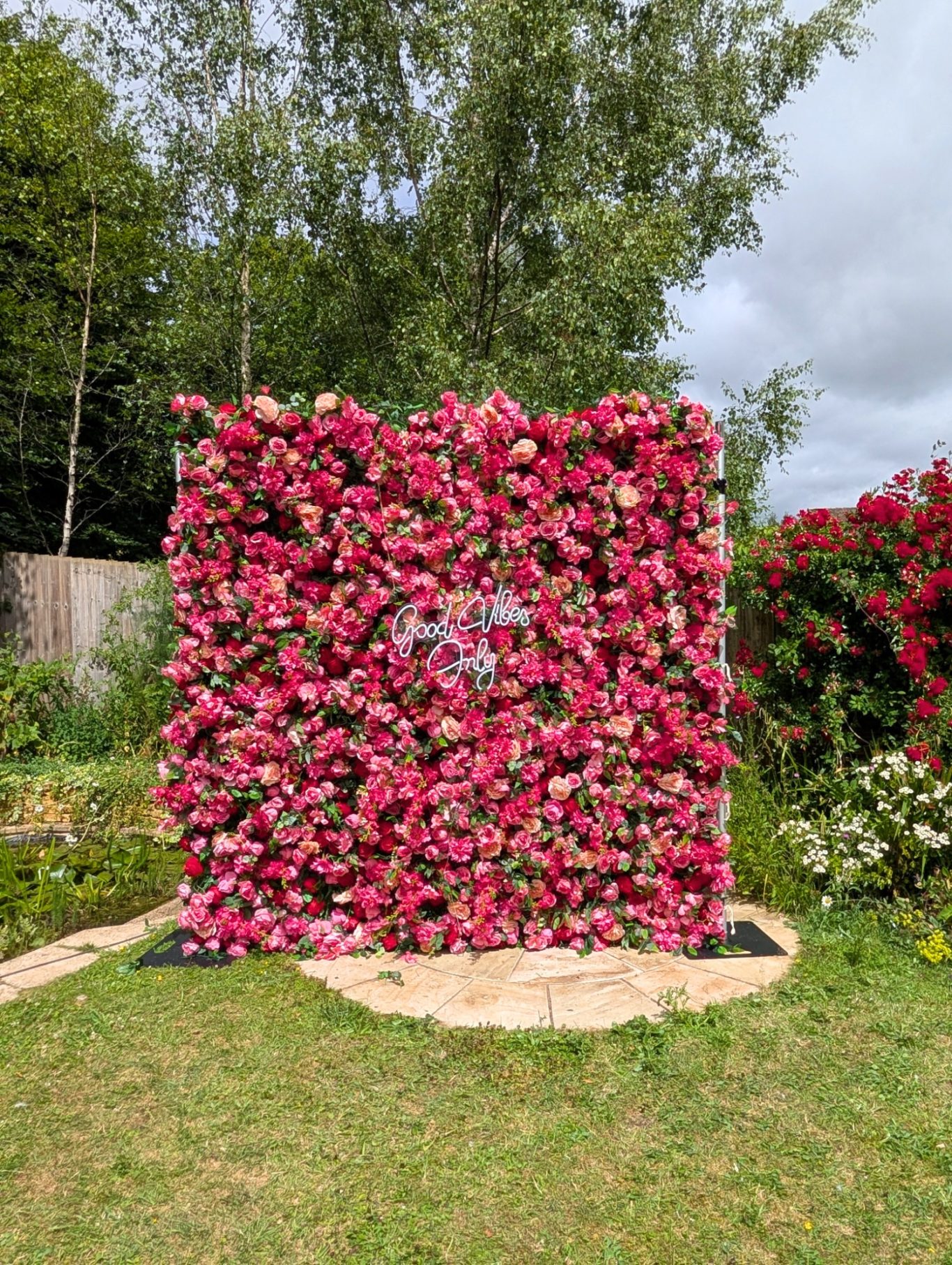 Edith - Size: Regular A vibrant floral backdrop made of pink and red flowers in a lush garden setting.