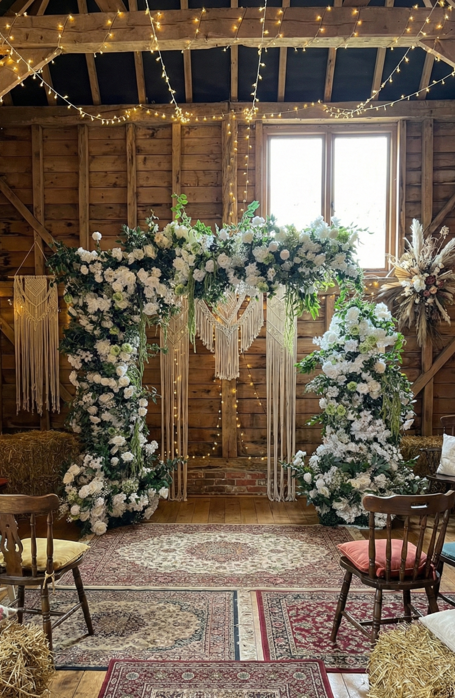 Grace - Floral Gate An ornate floral archway in a rustic barn, decorated with greenery and drapes.