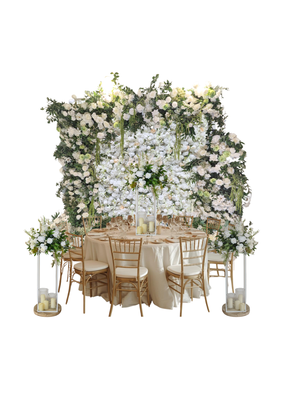 The Grand Celebration - Mockup Elegant round dining table with floral decorations in a lavish setting.