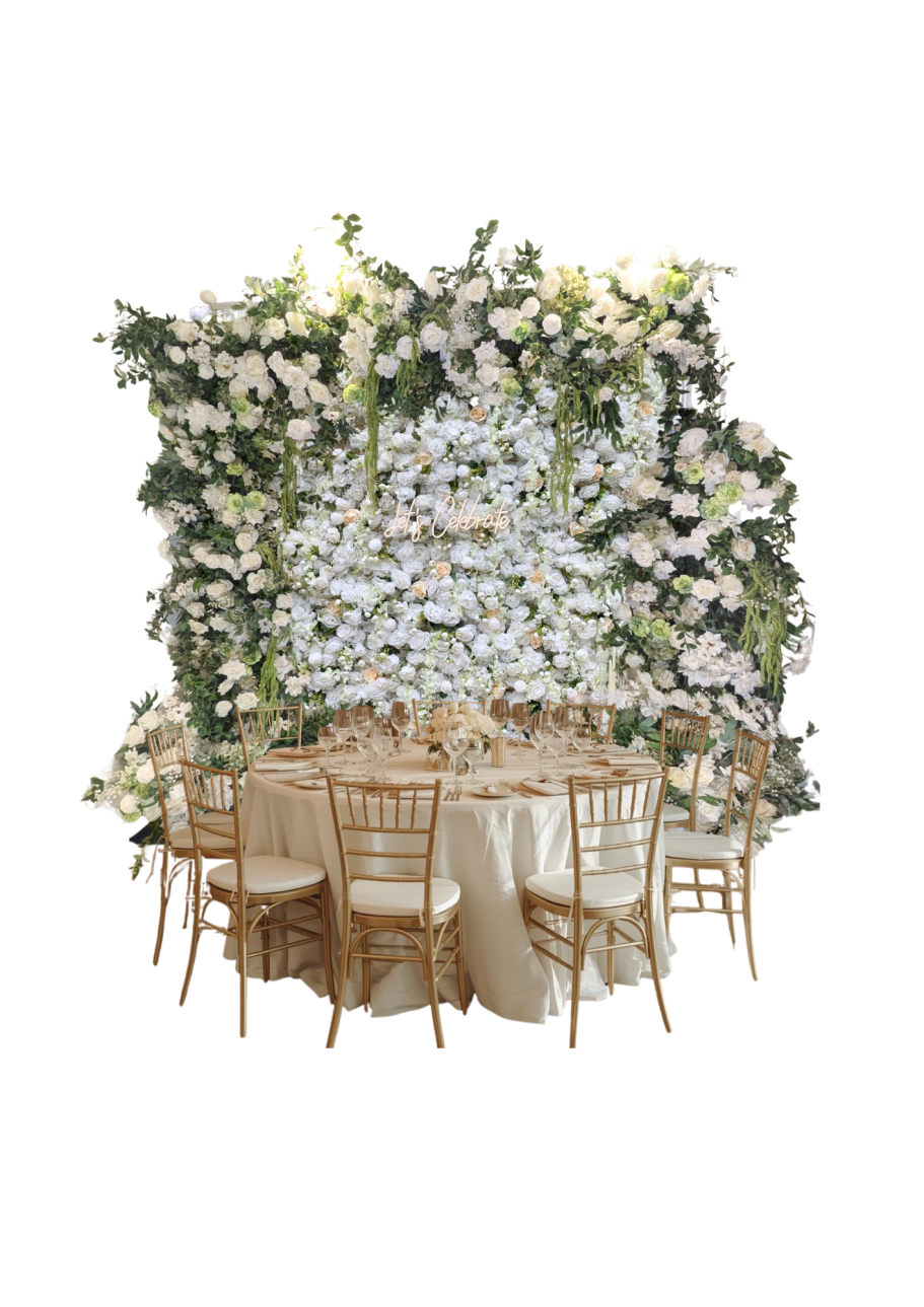 The Classic Garden Collection - Mockup Round table with chairs set against a floral backdrop for an elegant event.