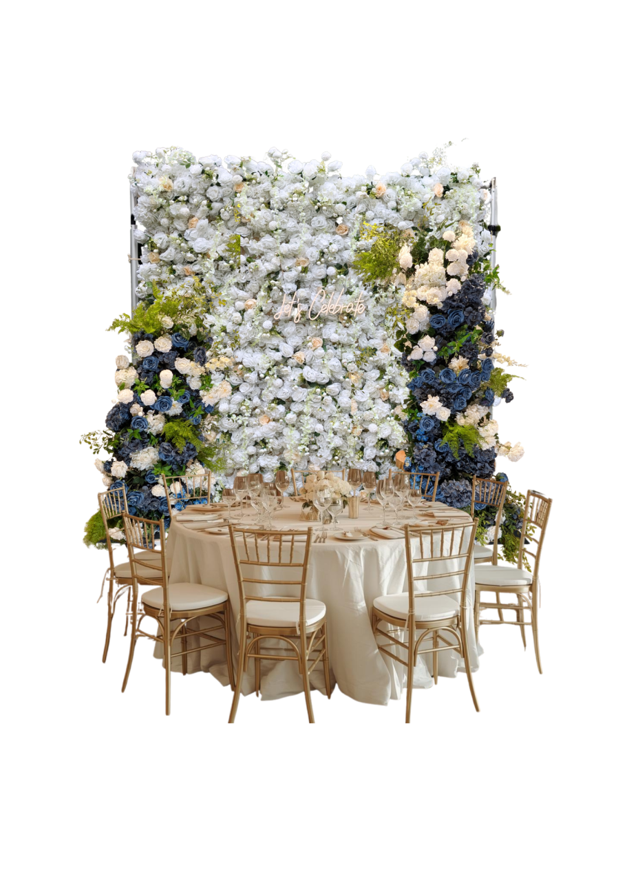 Mood Board - Signature Romance A round dining table set with chairs in front of a floral backdrop.